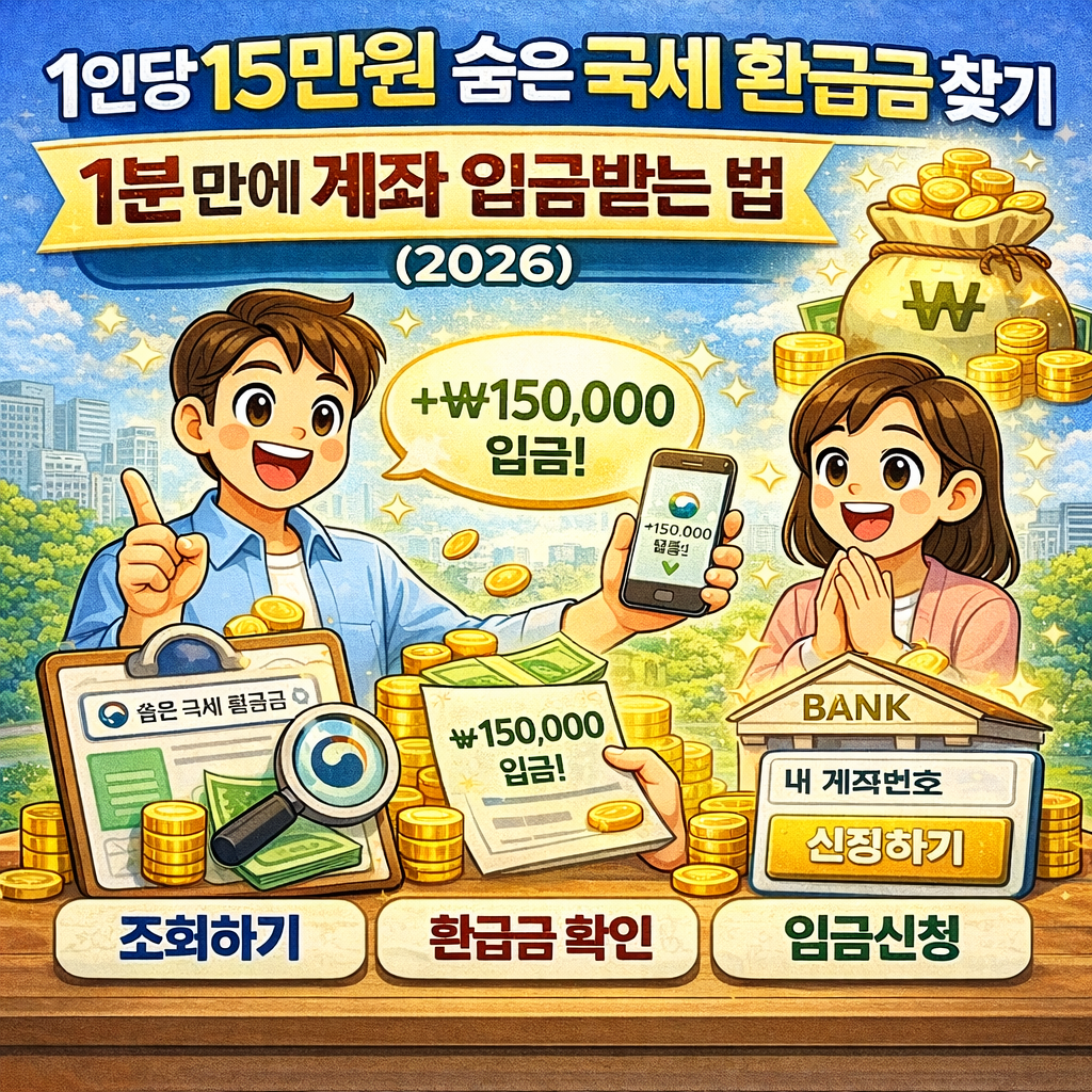 1인당 15만원 숨은 국세 환급금 찾기: 1분 만에 계좌 입금받는 법 (2026)
국세환급금찾기, 미환급금조회, 연말정산환급금, 세금돌려받기, 홈택스환급금, 삼쩜삼, 소득세환급, 2026연말정산, 거북이의재테크, 세무절세팁