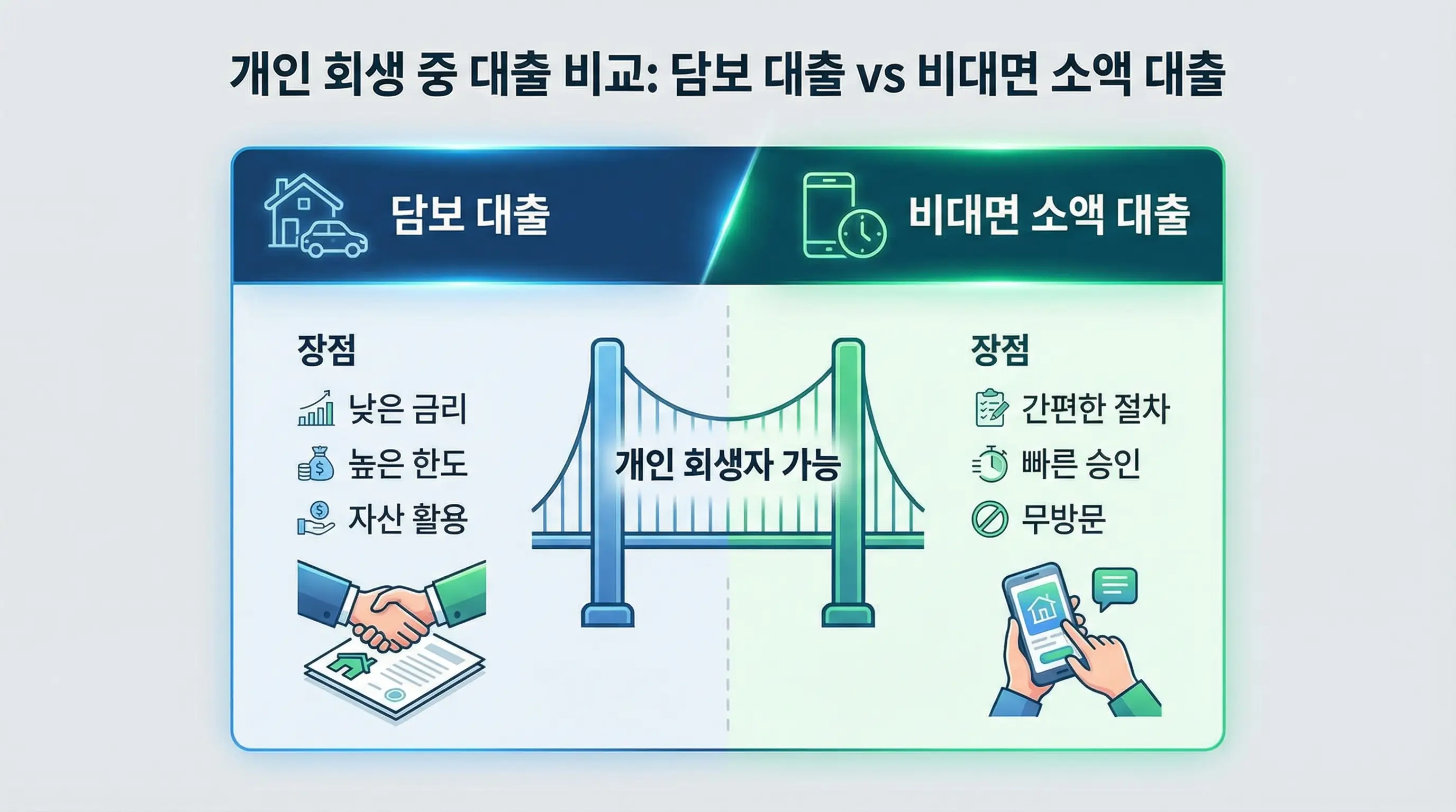 개인 회생 중에도 가능한 담보 대출과 비대면 소액 대출의 장점을 비교하는 인포그래픽