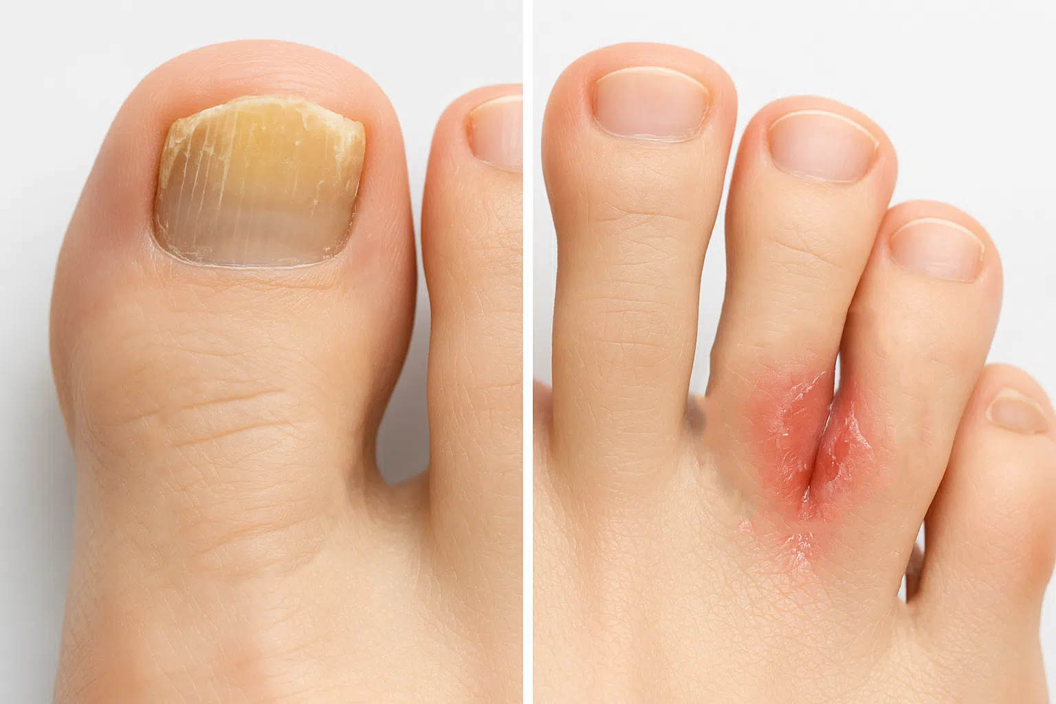 발톱 무좀 (황색·회색으로 변한 두꺼운 발톱, 표면이 거칠고 끝이 부스러진 모습), 발가락 무좀 (발가락 사이 붉은 피부, 하얀 각질 벗겨짐, 작은 물집, 피부가 갈라진 모습)