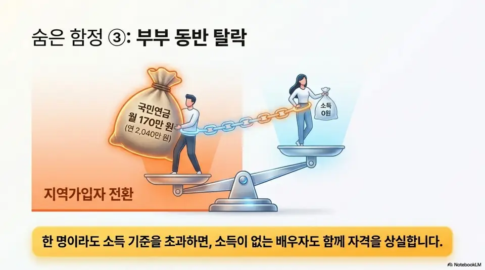 건강보험 피부양자 자격조건: 피부양자 부부 동반 탈락 구조를 저울 비유로 설명하는 인포그래픽 이미지로 남편의 국민연금이 월 170만 원으로 소득 기준을 초과하면 소득이 0원인 배우자도 함께 지역가입자로 전환된다는 내용을 시각적으로 표현함