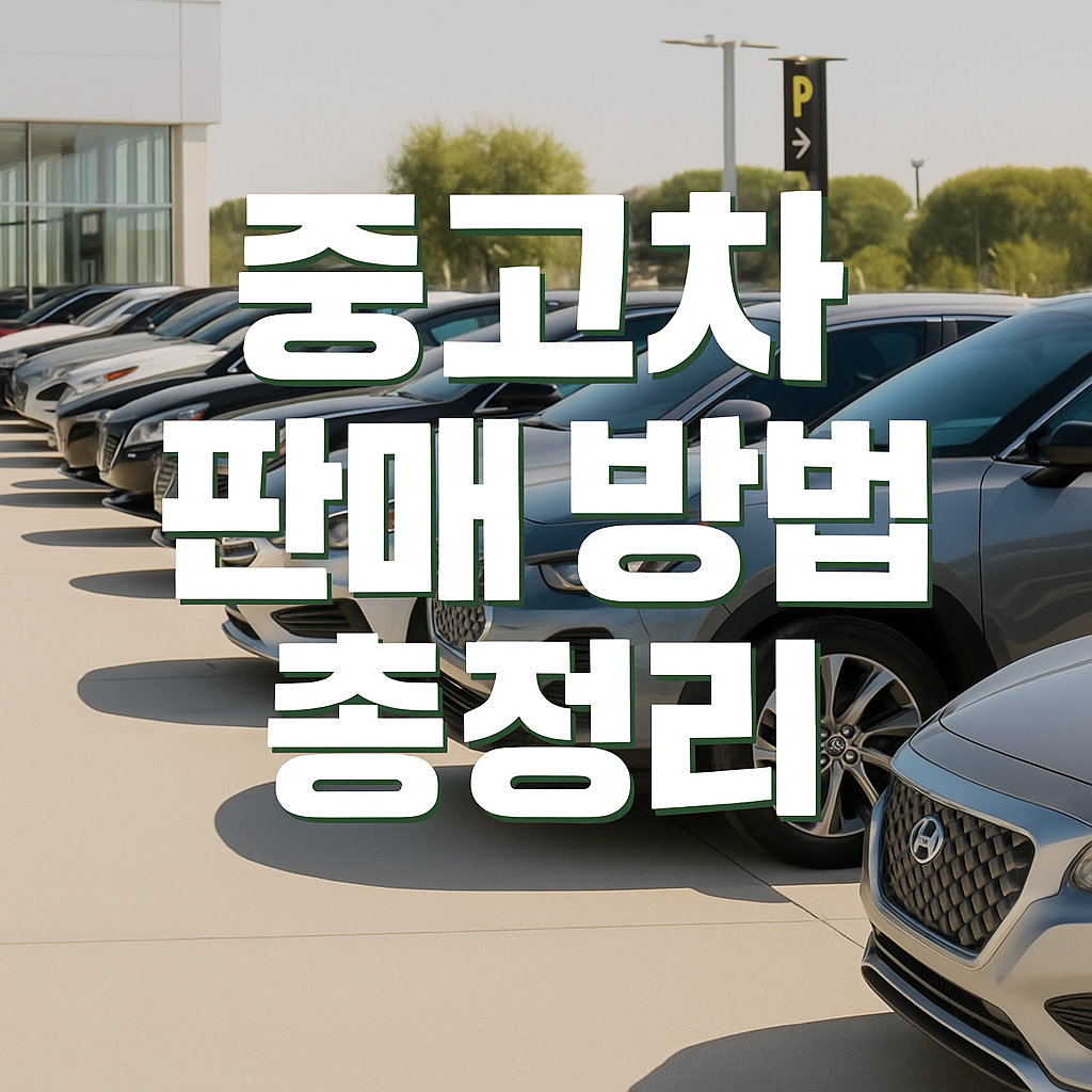 중고차 판매를 고려하는 소비자를 위한 실사 기반 클릭 유도형 썸네일, '중고차 판매 방법 총정리'라는 고딕 텍스트가 차량 위에 중앙 배치되어 있는 이미지.