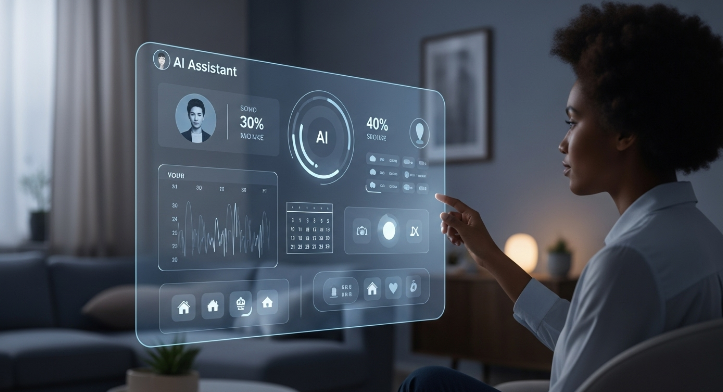 2025년, 개인 맞춤형 데이터를 활용하여 사용자의 일상을 돕는 AI 비서 인터페이스가 미래적인 거실에서 한 사람과 상호작용하는 모습