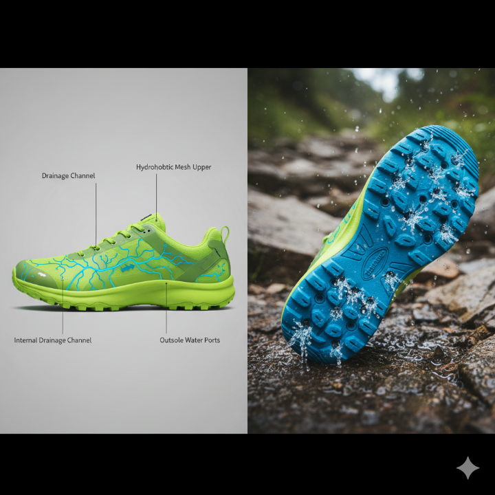 신발 측면이나 바닥에 물이 빠져나가는 배수 포트 구조 그래픽