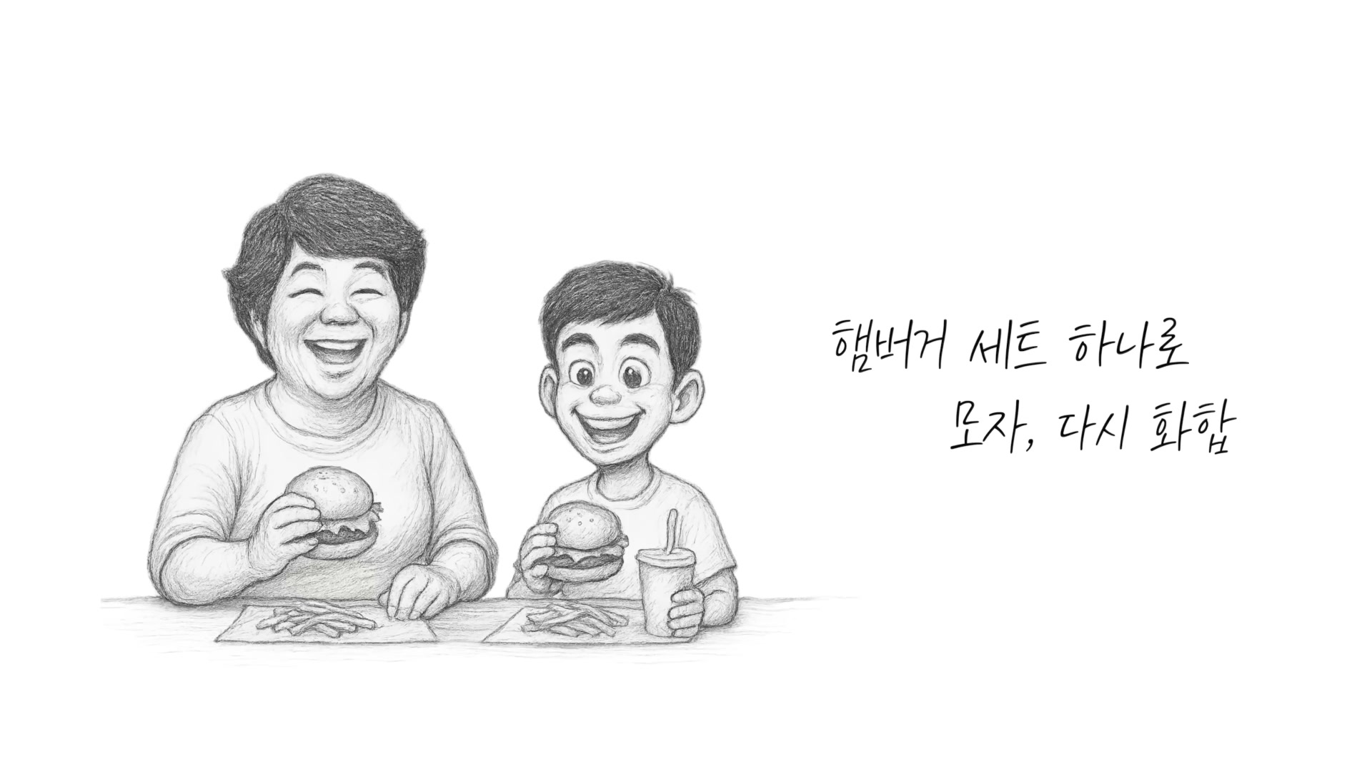 엄마와 아들이 햄버거를 함께 먹는 일러스트