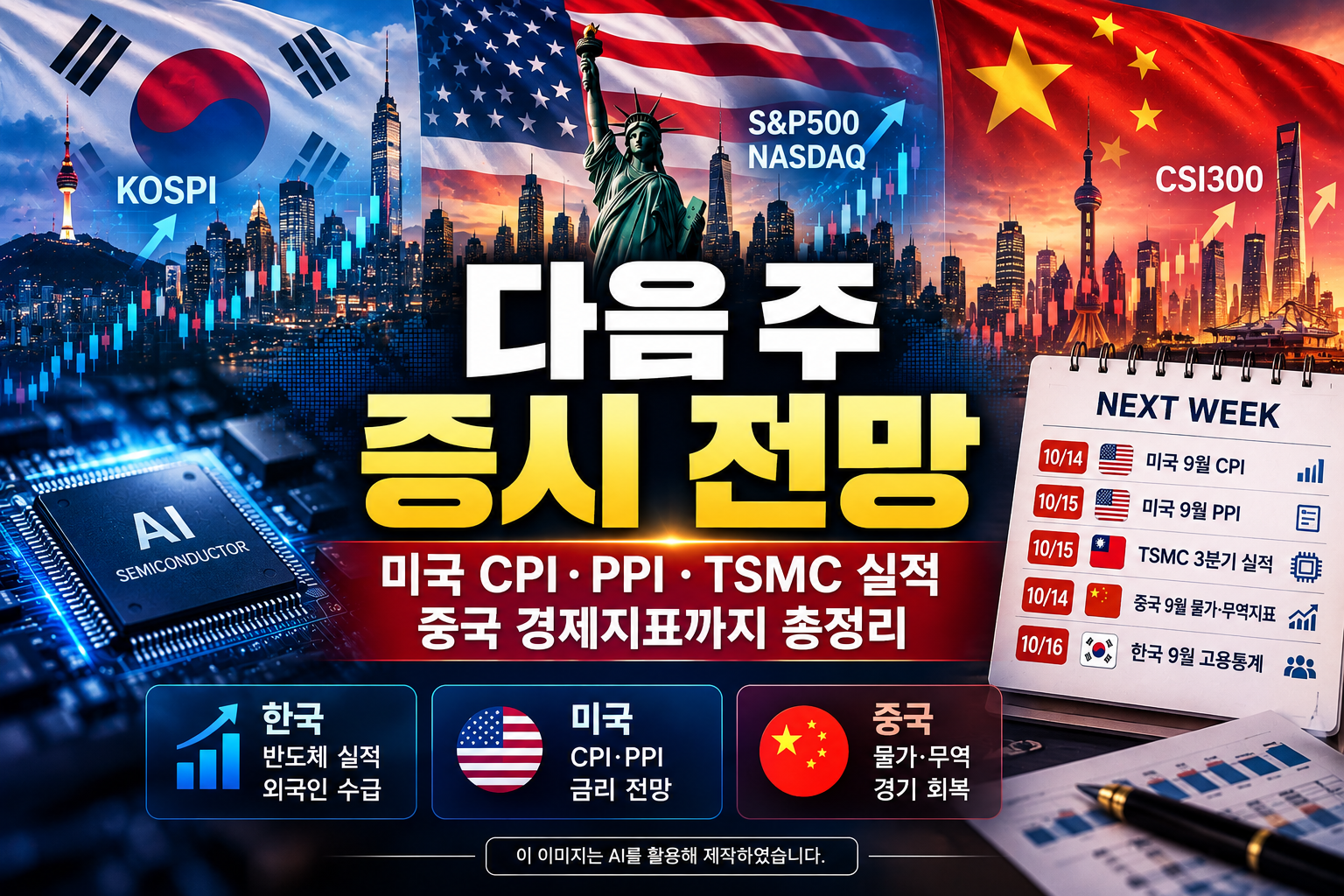 2026년 10월 12~16일 다음 주 증시 전망, 미국 CPI·PPI 발표와 TSMC 실적, 중국 경제지표 및 한국 반도체 증시 주요 이슈를 정리한 이미지
