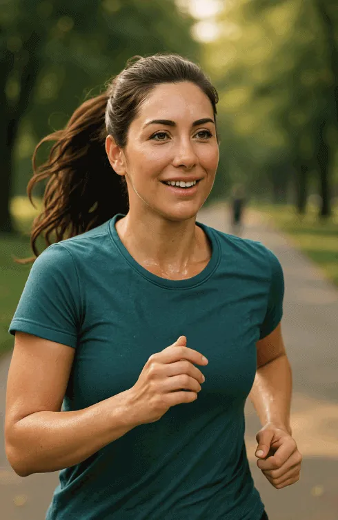 The same female character jogging in a park, wearing athletic clothing and smiling. This scene demonstrates RunwayML’s capacity to preserve identity and emotion across lifestyle settings (RunwayML AI video, emotional continuity).