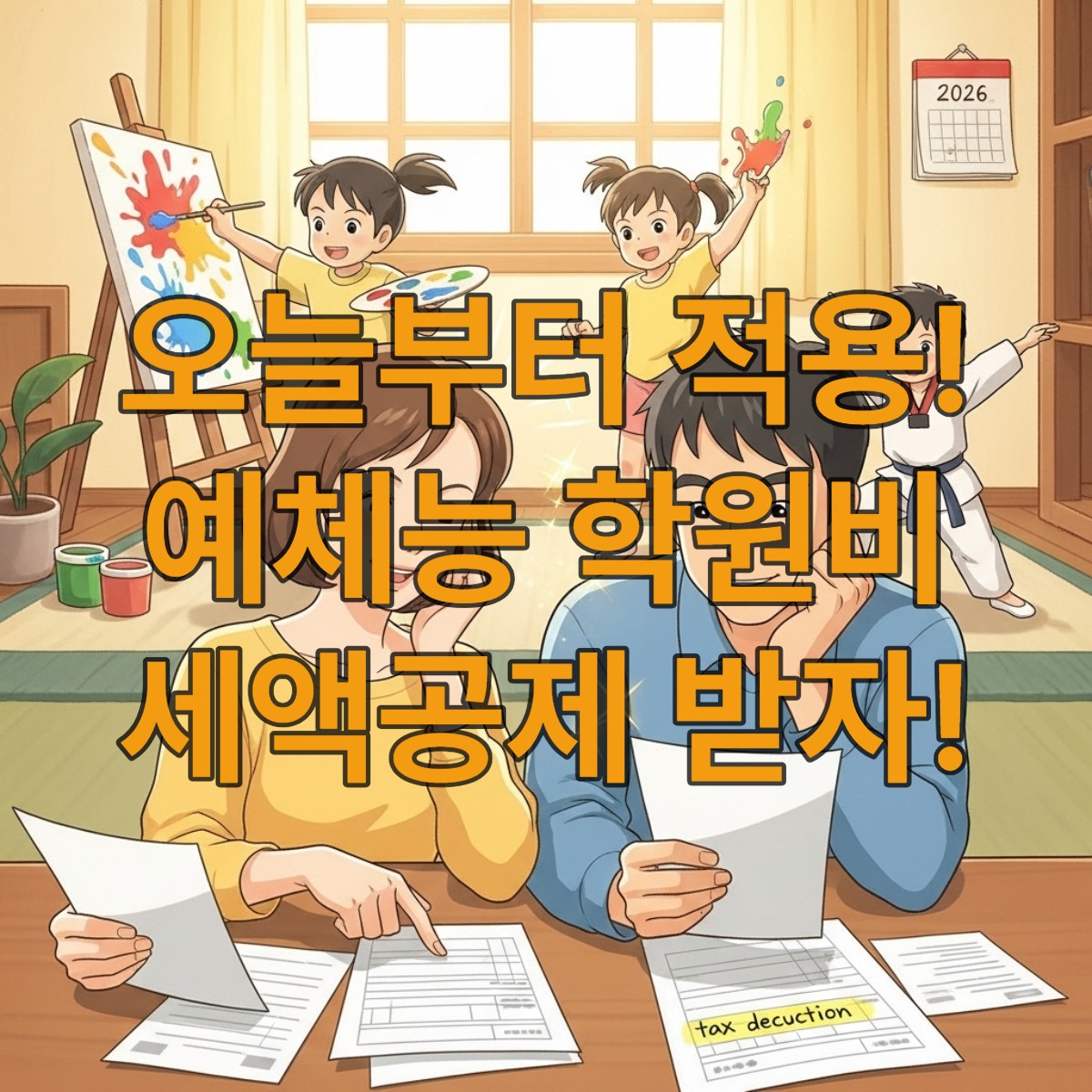 2026년 초등 저학년 예체능 학원비 세액공제 혜택을 받고 기뻐하는 학부모와 즐겁게 예체능 활동을 하는 아이들.