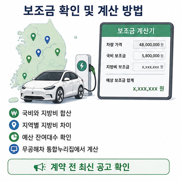 전기차의 최종 구매보조금은 국고보조금과 지자체 지방비를 합산해 결정되므로 무공해차 통합누리집에서 차종과 지역, 남은 예산을 확인해야 함을 보여 주는 그림