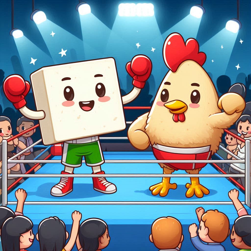 두부 캐릭터와 닭 캐릭터