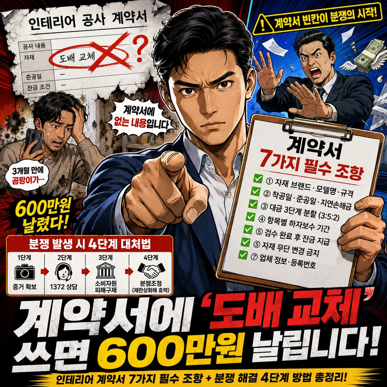 인테리어 공사 계약서의 모호한 문구 &lsquo;도배 교체&rsquo;로 인해 하자 분쟁이 발생하고 600만 원 손해를 보는 상황을 표현한 방드데시네 스타일 썸네일, 계약서 7가지 필수 조항과 분쟁 해결 4단계 강조