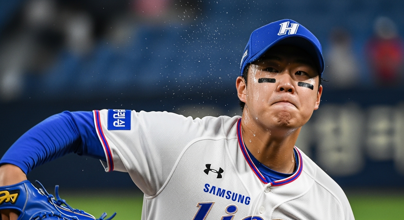 삼성 라이온즈 투수가 파란색과 흰색 유니폼을 입고 전력을 다해 투구하는 클로즈업 장면. 강한 집중력과 투지의 순간이 포착되었다.
