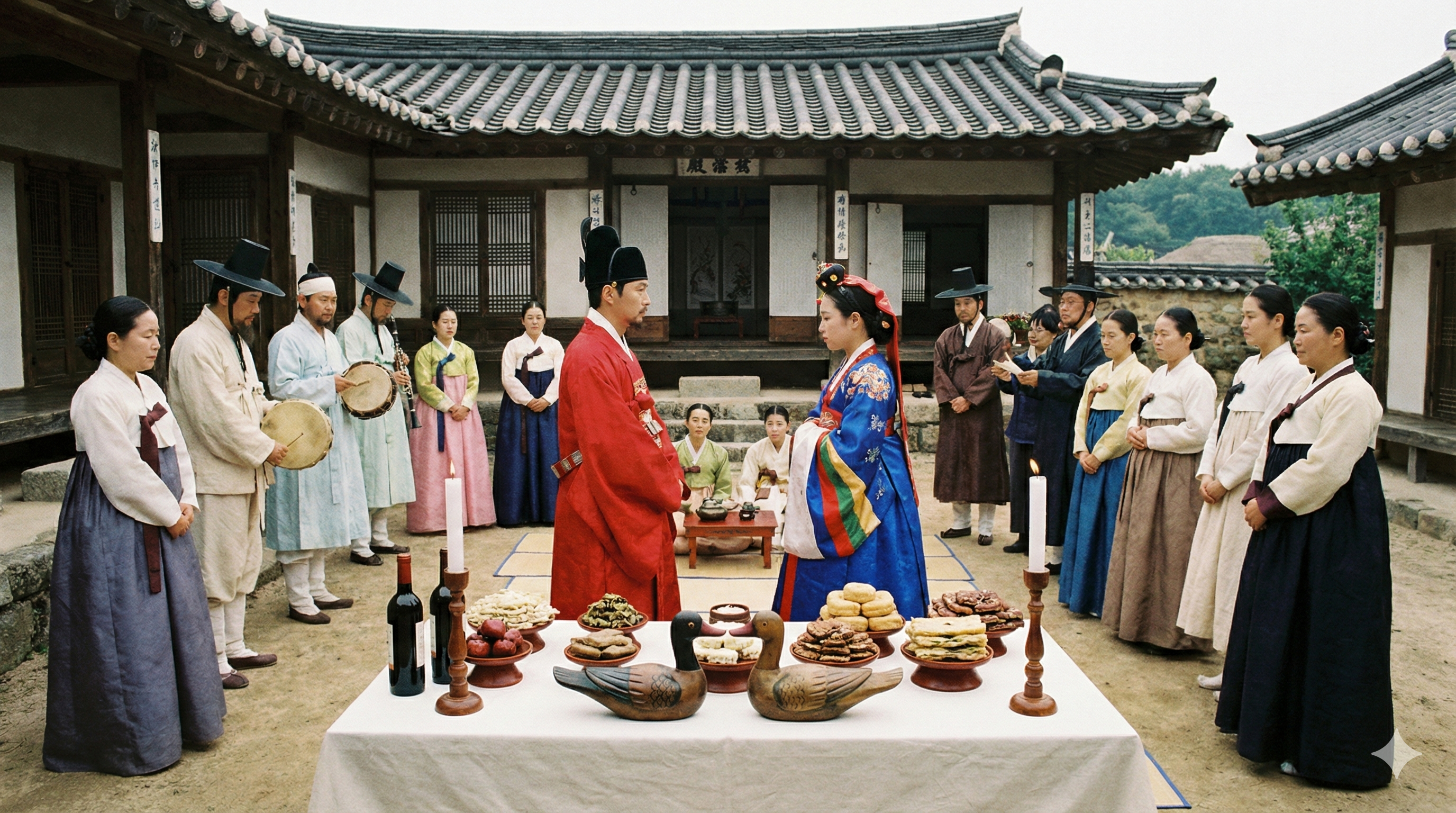 한국전통 혼례 초례상 앞에서 마주 서 있는 신랑과 신부, 붉은색과 푸른색 혼례복이 조화를 이루는 단정한 의식 장면