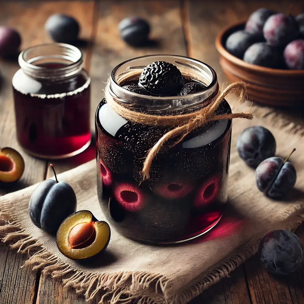 유리병에 담긴 전통 흑매실 발효 음료와 신선한 흑매실 이미지