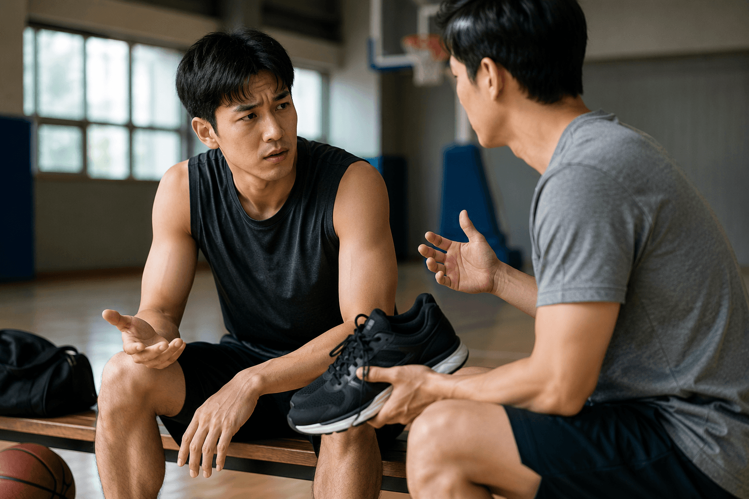 농구장에서 친구의 운동화 부탁을 들으며 불편함을 표현하는 남성