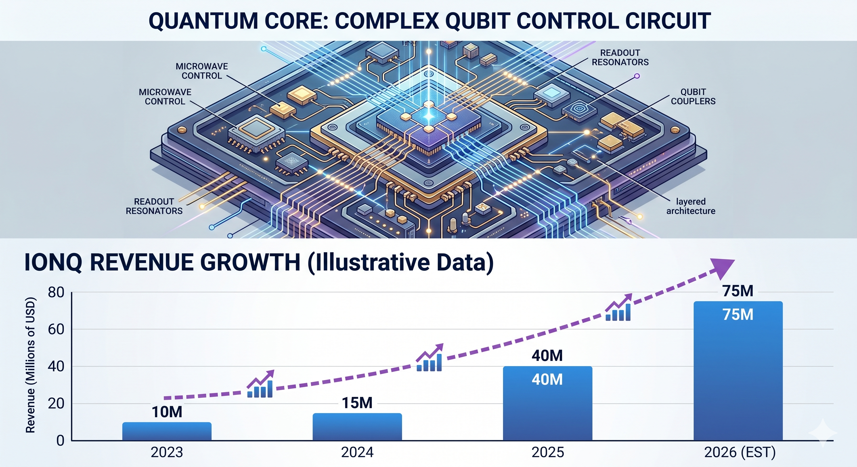 양자컴퓨터의 복잡한 큐비트 제어 회로 디자인과 아이온큐(IonQ)의 연도별 매출 성장 추이를 보여주는 인포그래픽
