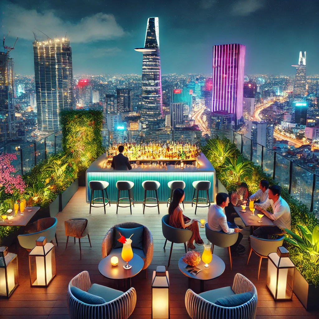 호치민의 야경을 배경으로 칵테일을 즐기는 루프탑 바 모습
