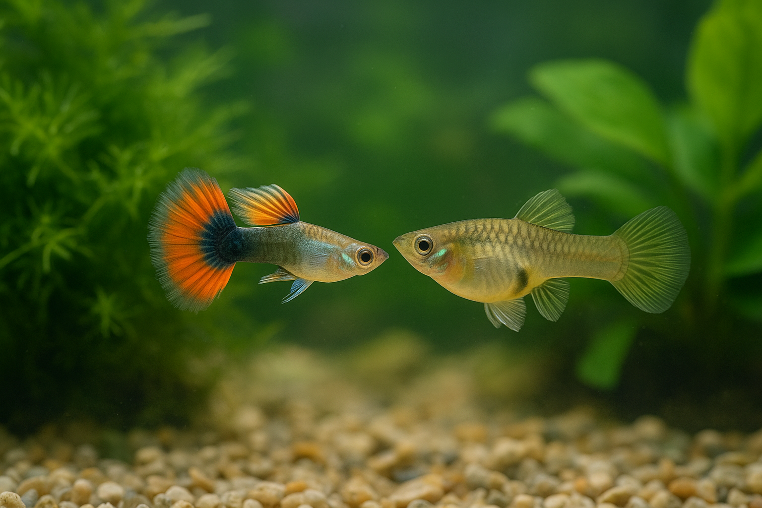 가정용 수조에서 구피 수컷의 고노포디움과 화려한 꼬리, 암컷의 부채꼴 항문지느러미와 그라비드 스폿이 보이는 실제 사진