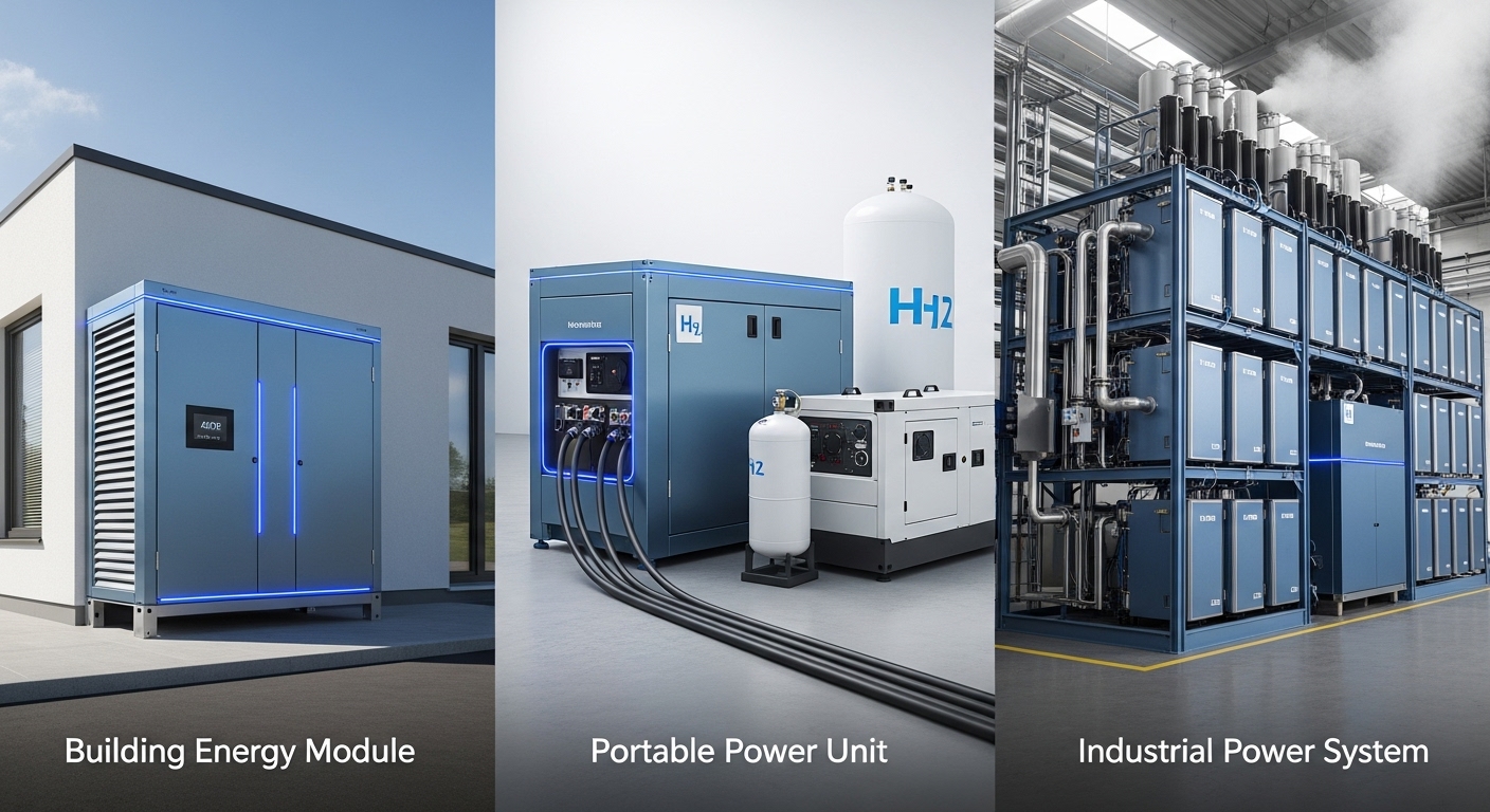 건물용, 발전용, 산업용 수소 연료전지 시스템의 다양한 적용 사례를 보여주는 복합 이미지. 범한퓨얼셀의 민수 부문 확장을 나타낸다.