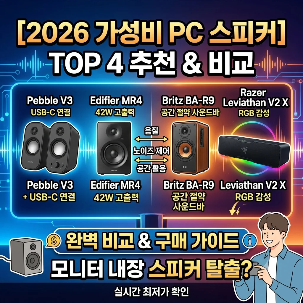 2026 가성비 PC 스피커 추천 TOP 4 크리에이티브 페블 V3 에디파이어 MR4 브리츠 사운드바 레이저 레비아탄 V2 X 비교 컴퓨터 스피커 가이드
