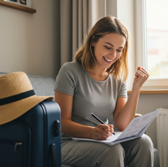 여성이 여행을 위해 여행 보험을 준비중은 모습