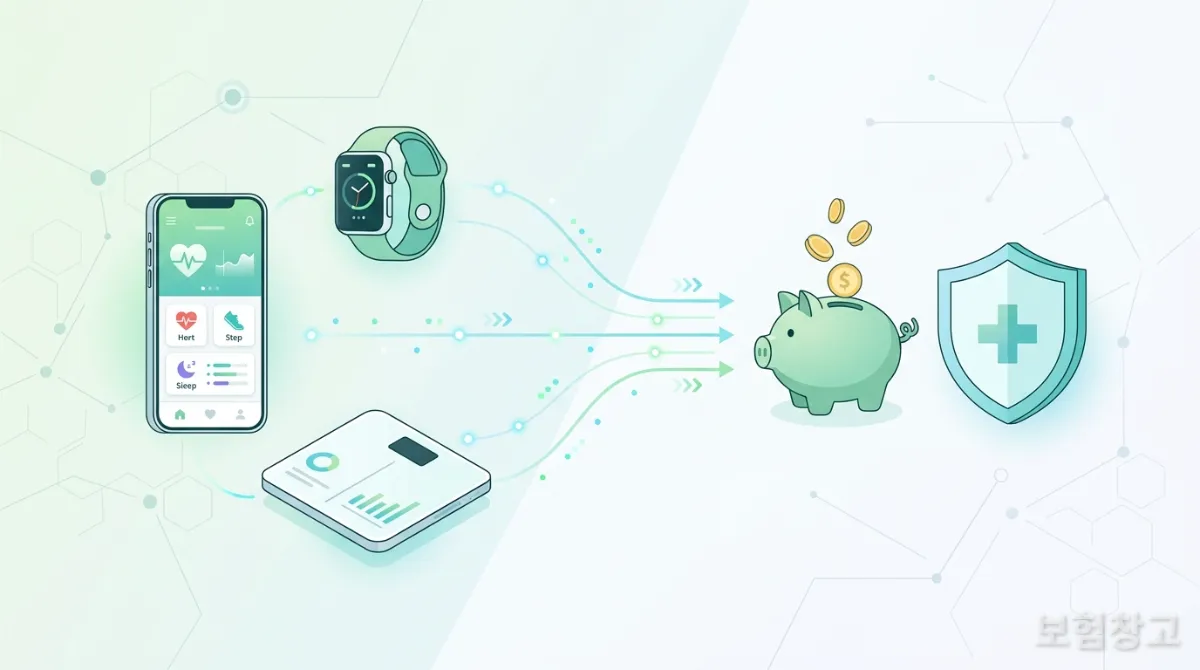 디지털 헬스케어 기기들이 보험료 할인과 건강 보호를 상징하는 아이콘과 연결된 모습