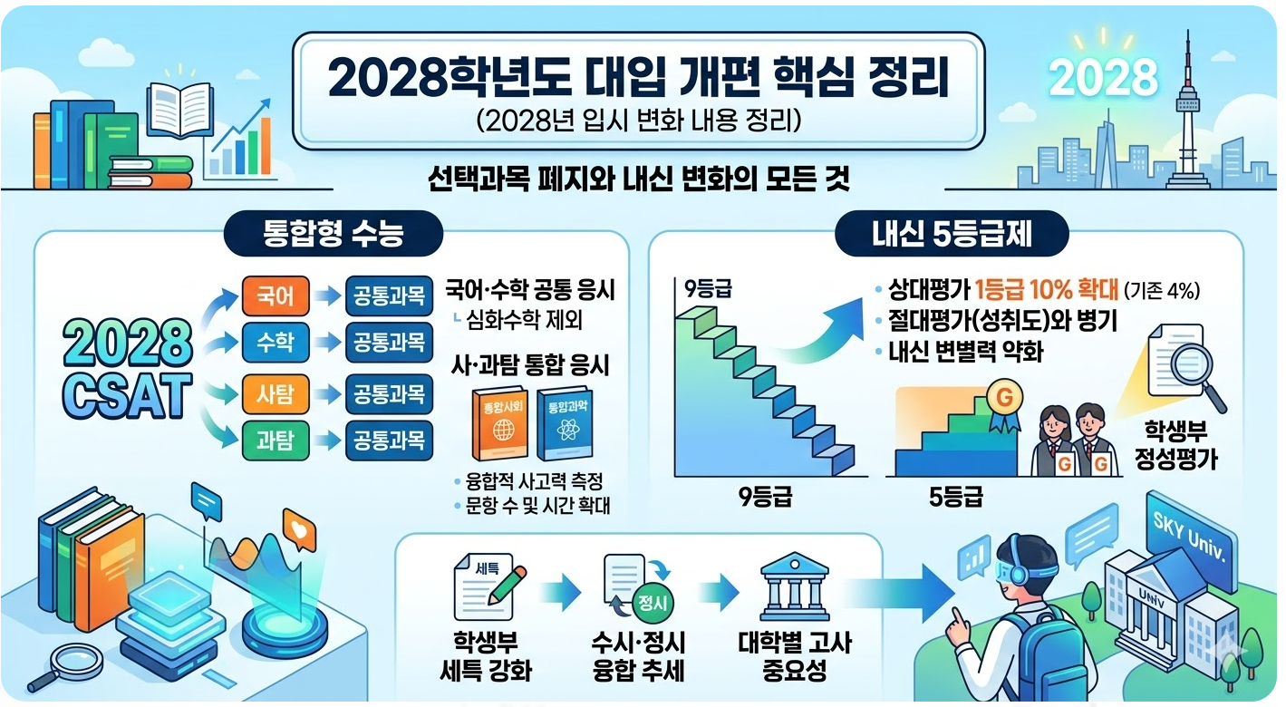 2028학년도 대입 제도 개편안, 통합형 수능, 내신 5등급제 변화 내용 알아보기
