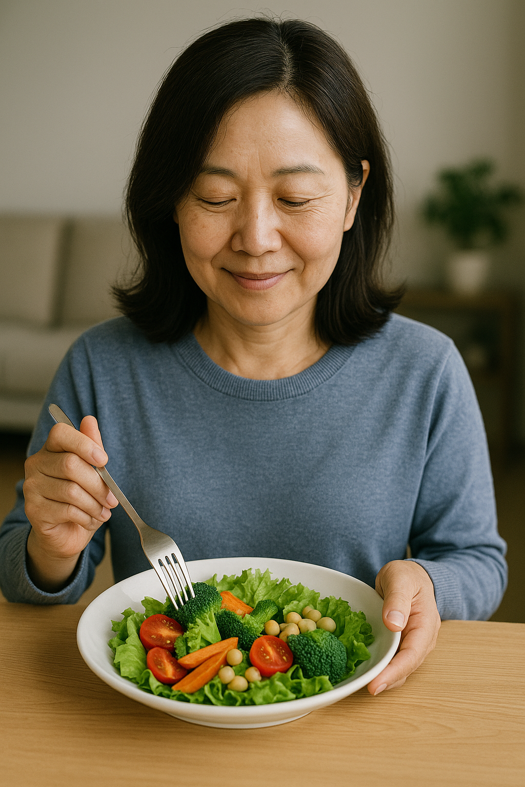 피부노화 방지를 위해 샐러드를 먹는 중년 여성