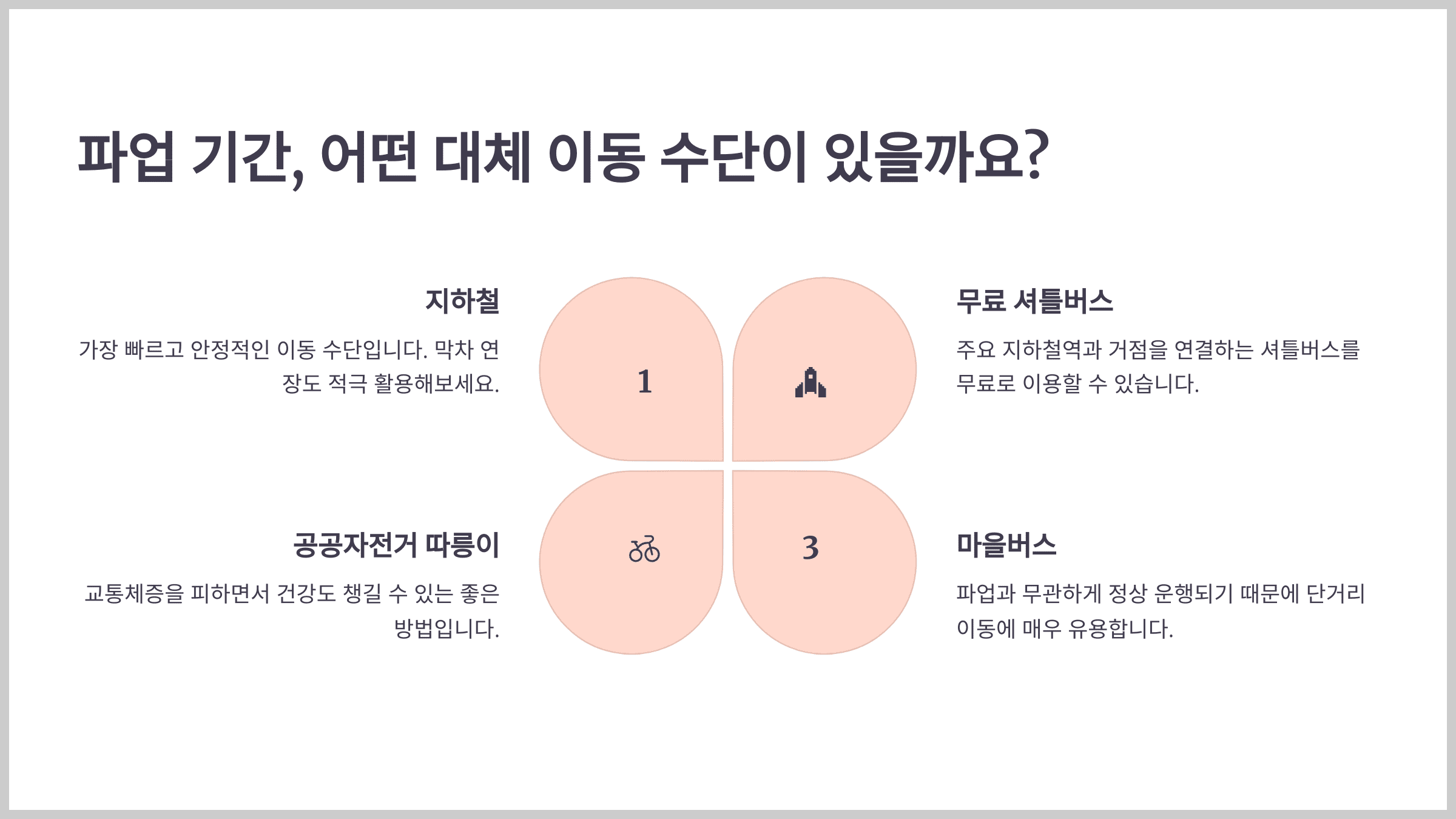 파업 기간, 어떤 대체 이동 수단이 있을까요?