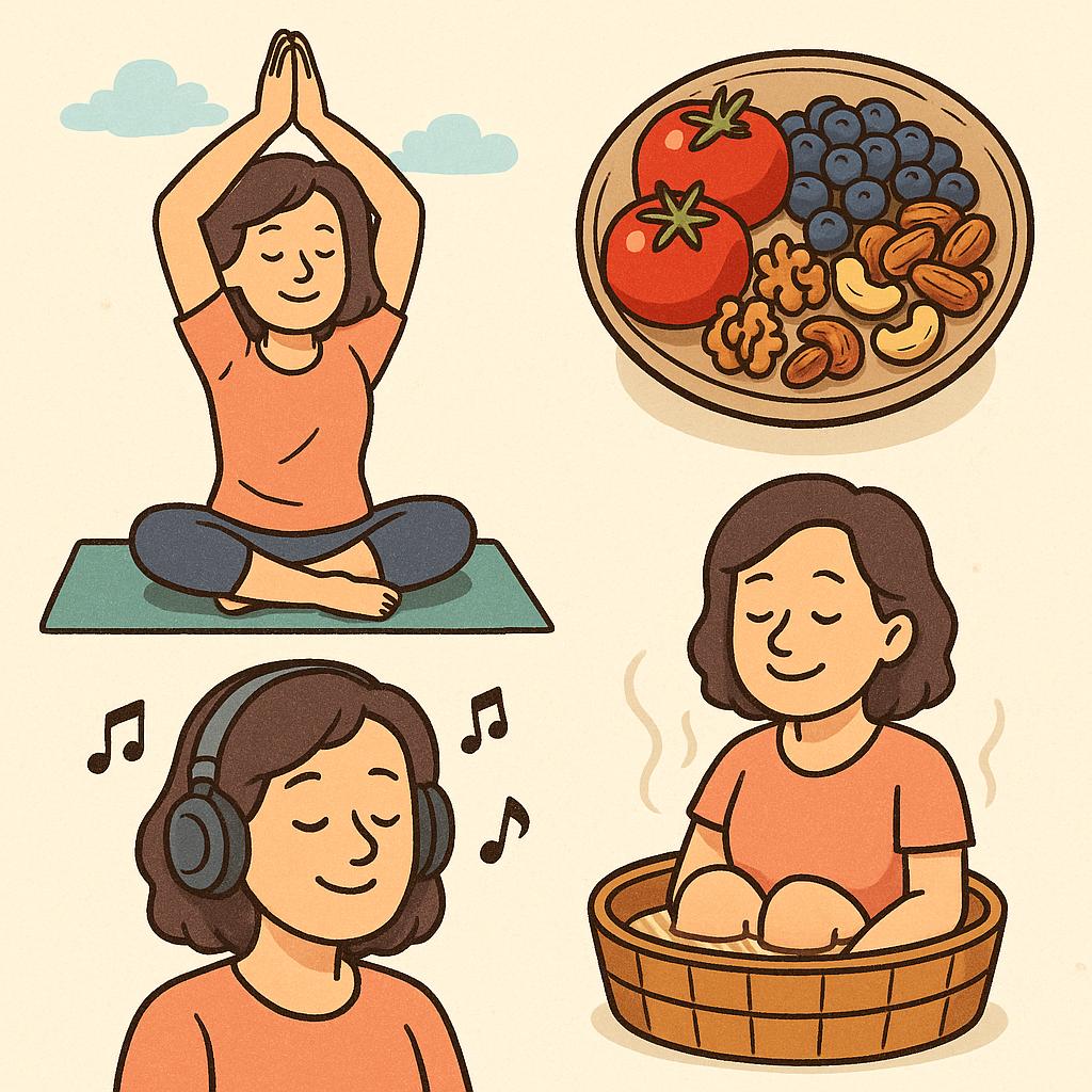 갱년기 극복에 도움이 되는 4가지 생활실천사항의 모습 만화체 그림