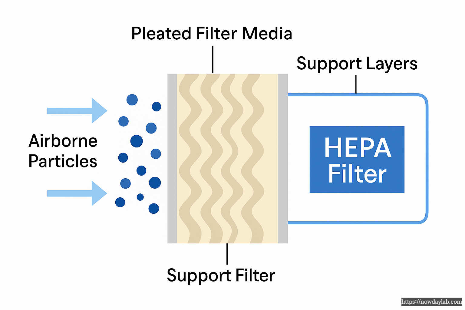 Detailed airflow diagram of a Fan Filter Unit showing fan motor, HEPA filter, and downward laminar flow inside a cleanroom
