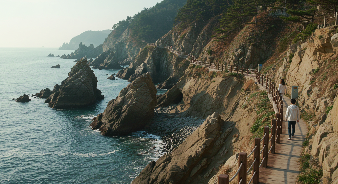 삼척 초곡 용굴촛대바위길 해안 산책로를 한국인 연인이 걷는 모습