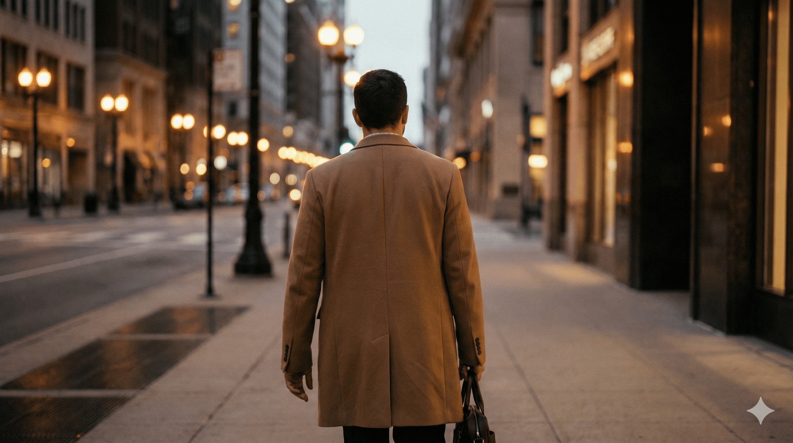 도시의 저녁 거리에서 조용히 퇴근하는 뒷모습, 은은한 조명과 여백이 있는 장면