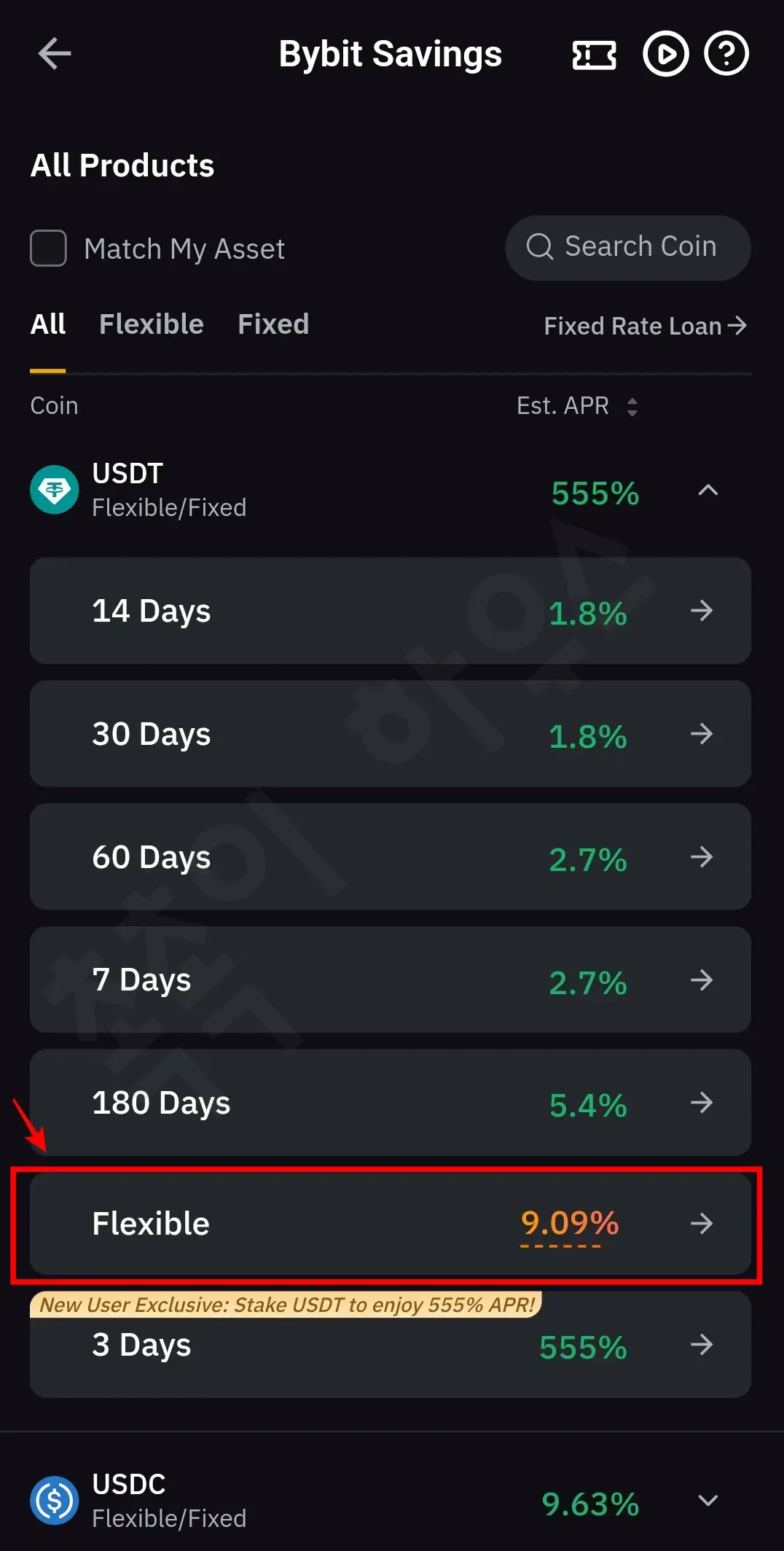 Bybit 유동형 저축 상품 선택 화면&amp;#44; USDT 예치 시 연 9.09% 이자 수익 가능&amp;#44; 신규 사용자 최대 555% APR 혜택 제공