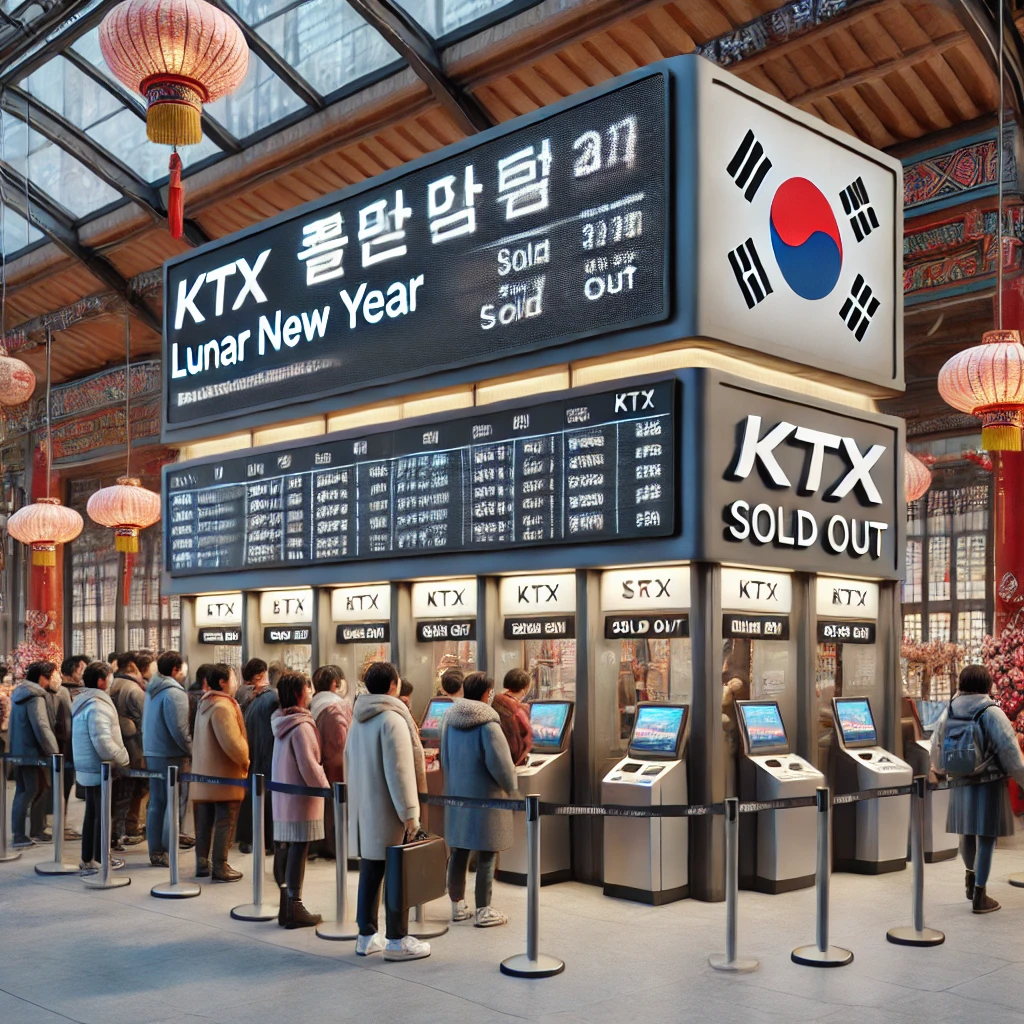 설날 분위기의 현대적인 한국 기차역 매표소에서 사람들이 티켓을 구매하는 모습