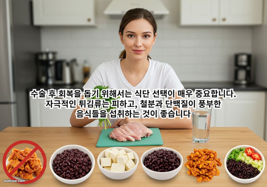 수술 후 회복을 돕기 위해서는 식단 선택이 매우 중요합니다. 자극적인 튀김류는 피하고, 철분과 단백질이 풍부한 음식들을 섭취하는 것이 좋아요.