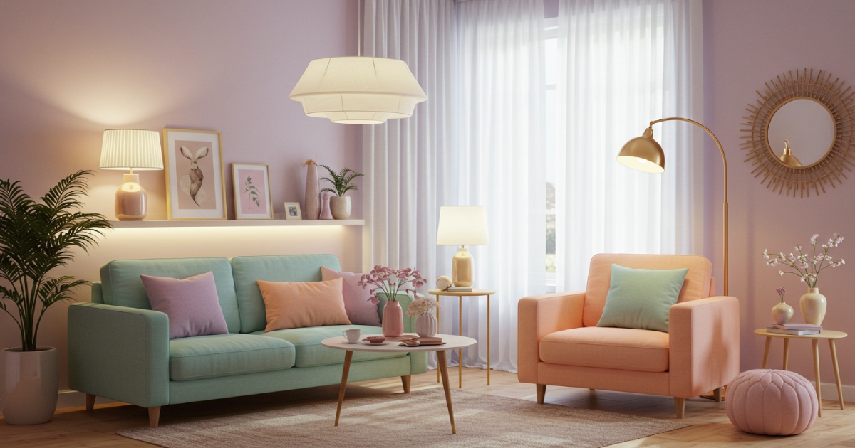 따뜻한 조명과 파스텔 톤 가구가 어우러진 아늑한 거실 인테리어