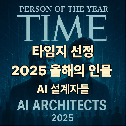 2025년 타임지 올해의 인물 'AI 설계자들'을 상징하는 이미지. 젠슨 황과 샘 알트만이 전면에 서 있고, 그 뒤로 AI 혁명을 이끄는 다양한 인물들이 함께하며 미래 도시와 데이터 스트림이 배경을 이룬다.
