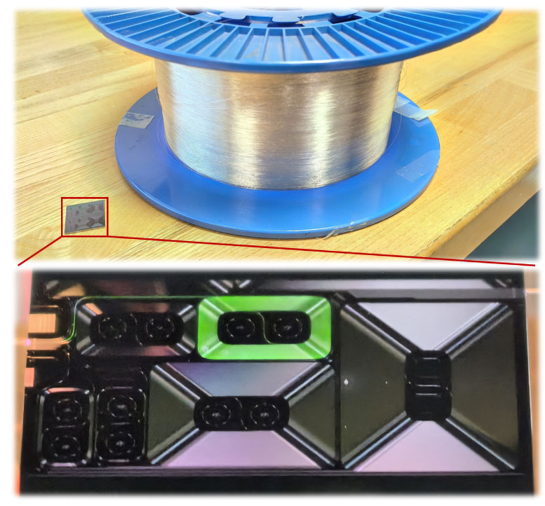 섬유 스풀과 칼텍의 새로운 나선형 도파관 칩 비교. 출처: 천하오징