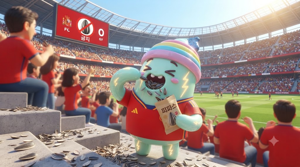스페인의 거대한 축구 경기장, 관중석이 붉은색 물결로 가득합니다. 3D 쫀쿠가 스페인 축구 국가대표팀 유니폼을 입고 응원단 속에 섞여 있습니다. 쫀쿠는 스페인식으로 한 움큼의 피파스(pipas)를 입에 털어 넣고 혀로 능숙하게 알맹이만 골라낸 뒤 껍데기를 바닥에 뱉고 있습니다. 바닥은 이미 수많은 껍데기로 뒤덮여 있고, 전광판에는 '피파스 금지' 경고와 함께 경기 상황이 중계됩니다.