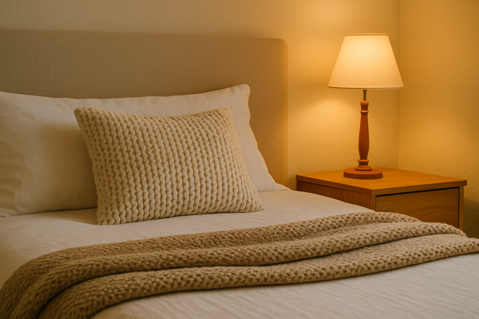 두꺼운 담요와 니트 쿠션이 놓인 따뜻한 겨울 침실 인테리어