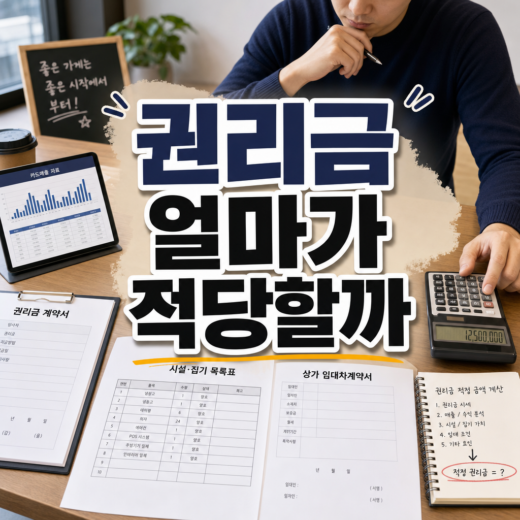 가게 인수 전 매출자료와 시설 집기 목록을 보고 권리금 적정 금액을 계산하는 예비 창업자 이미지