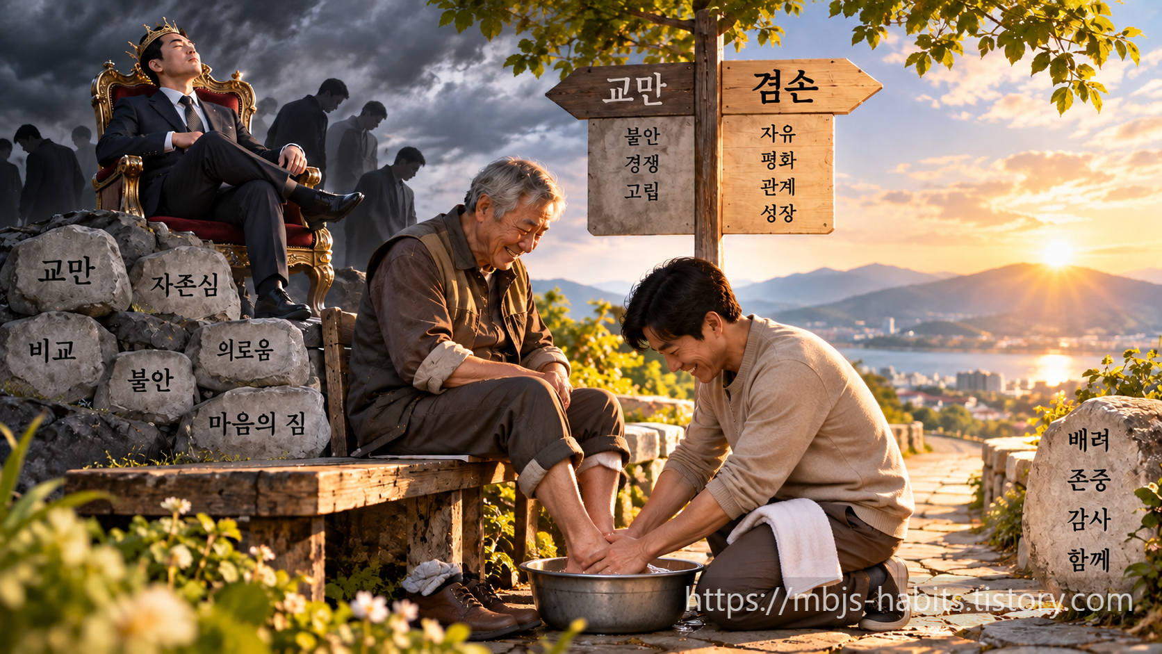 교만과 자존심의 무거운 짐을 내려놓고 다른 사람을 섬기는 겸손을 통해 자유와 평화로 나아가는 모습을 표현한 이미지
