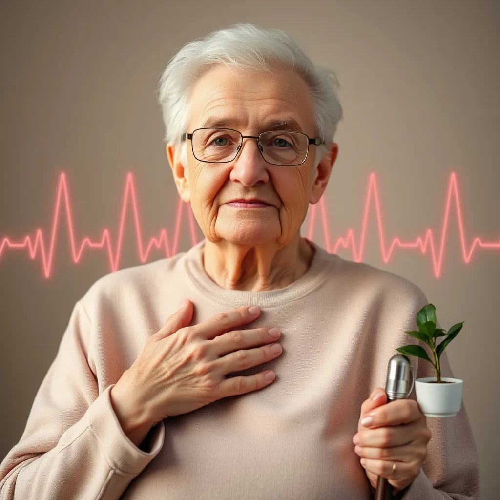 편안한 표정의 노인이 심장 부위에 손을 얹고 있거나, 노인의 얼굴과 심전도 그래프가 합성된 이미지. 주변에는 나이와 건강을 상징하는 요소들을 은은하게 배치해 주세요.