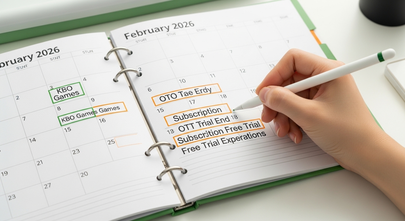 2026년 2월 달력에 KBO 경기 일정과 OTT 무료 체험 종료일을 표시하며 해지 알림을 설정하는 모습. 스마트한 무료 시청 관리 팁.