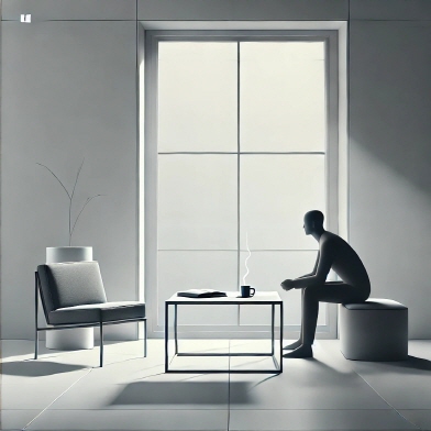 조용한 거실에 혼자앉아 차한잔을 마시며 사색에 잠긴 한남자- 썸네일