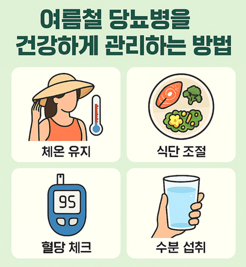 여름철 당뇨병을 건강하게 관리하는 방법을 설명한 이미지그림
