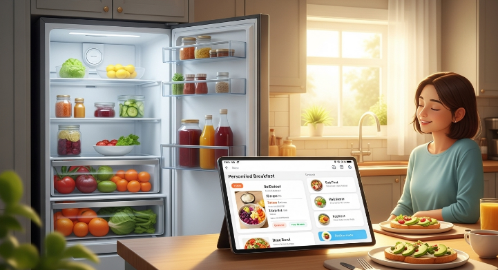 스마트 냉장고 재고에 기반하여 아침 레시피를 추천받고 여유롭게 아침 식사를 준비하는 모습