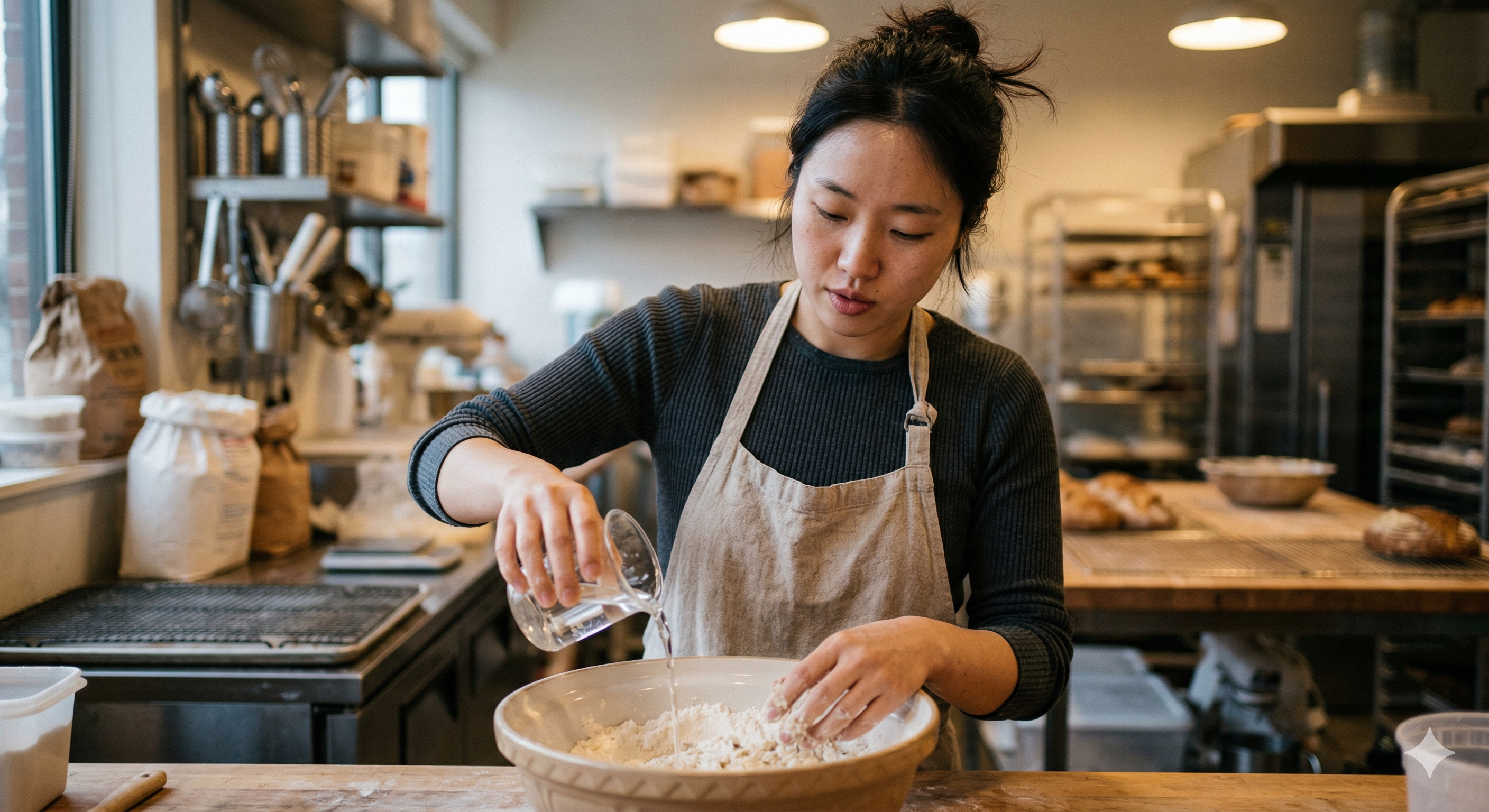 저당 베이킹 재료를 계량하며 수분 함량을 조절하는 모습