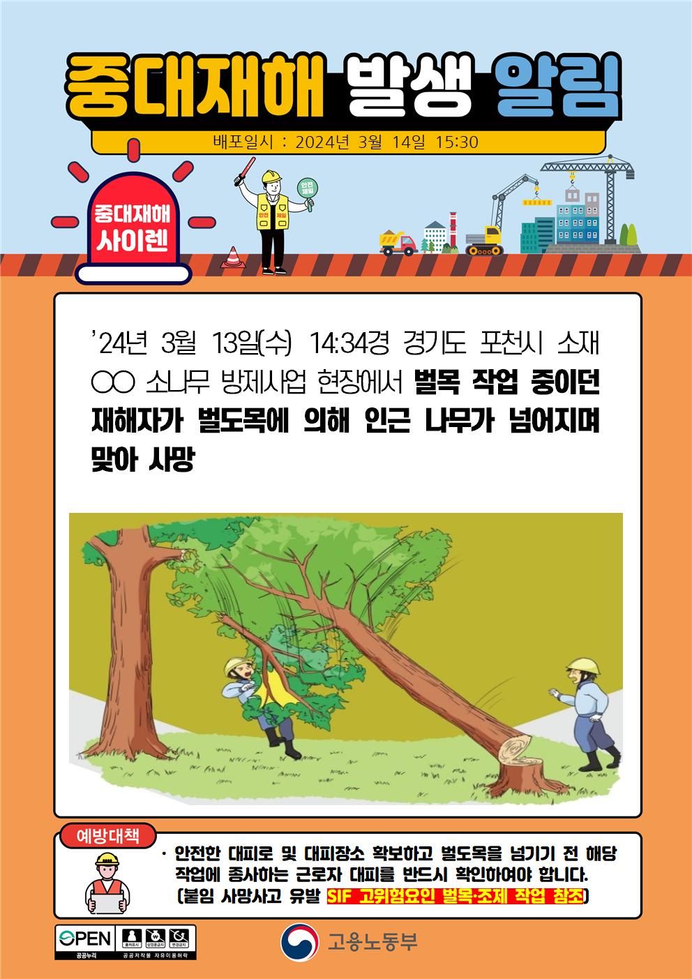 벌목 작업중 벌도목에 의해 인근 나무가 넘어지며 맞음