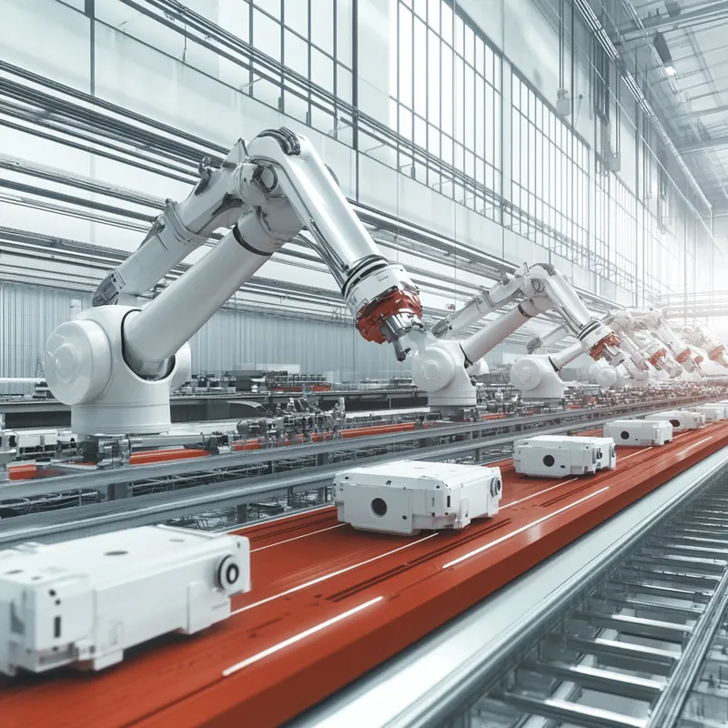 AI 기반 공장에서 로봇 팔이 효율적으로 작동하며 미래적 역량을 보여주는 모습.